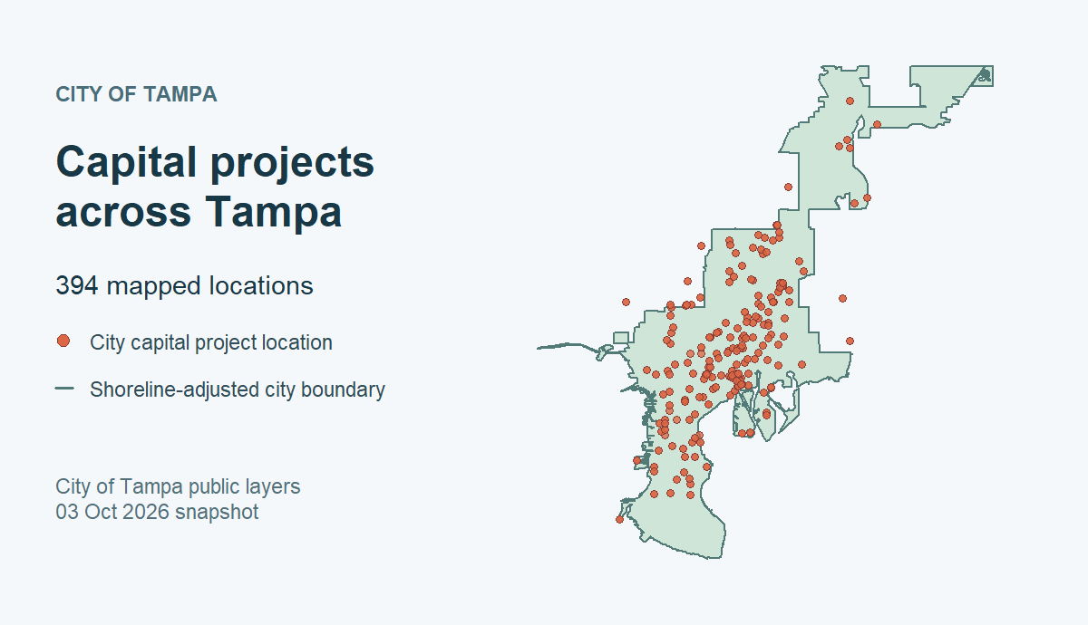Archived map of City of Tampa capital-project feature locations on October 3, 2026, over a shoreline-adjusted city boundary.
